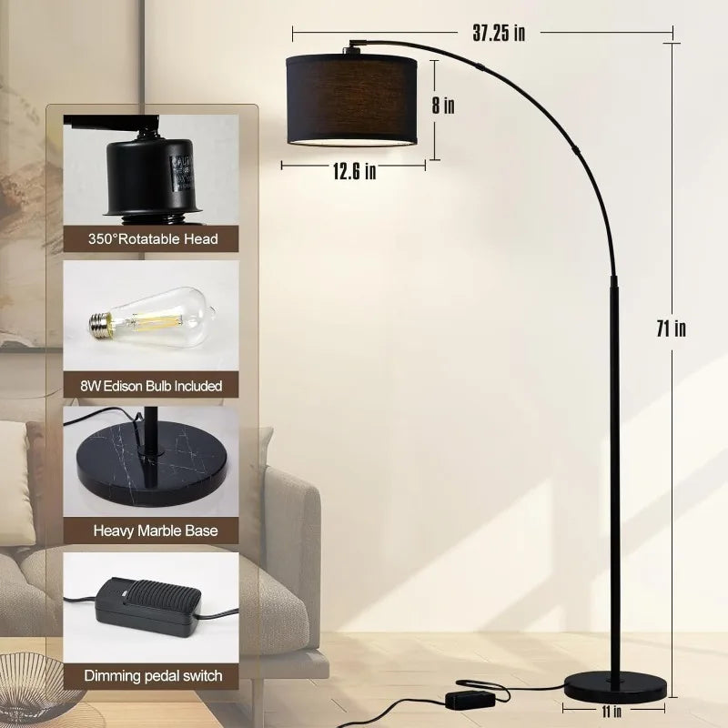 Arc floor lamps, Dimmable Floor Lamp with Adjustable Head, Black Finish Modern Floor Lamp,Over Couch Tall Standing Hanging Light