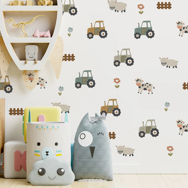 Cartoon Farm Animals Car Wall Stickers for Nursery Kids Room Living Room Bedroom Wall Decals Home Decorative Stickers Murals