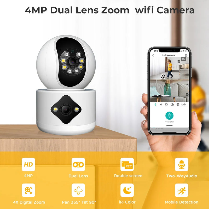 BESDER 4MP WiFi Camera with Dual Screens Baby Monitor Night Vision Indoor Mini PTZ Security IP Camera CCTV Surveillance Cameras