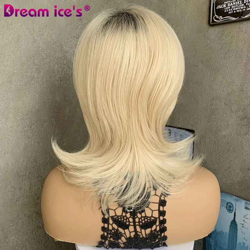 Blonde Short Straight Wavy Layered Hair Synthetic Wigs  With Dark Root For Women High Temperature Natural Wavy Cosplay Daily Wig