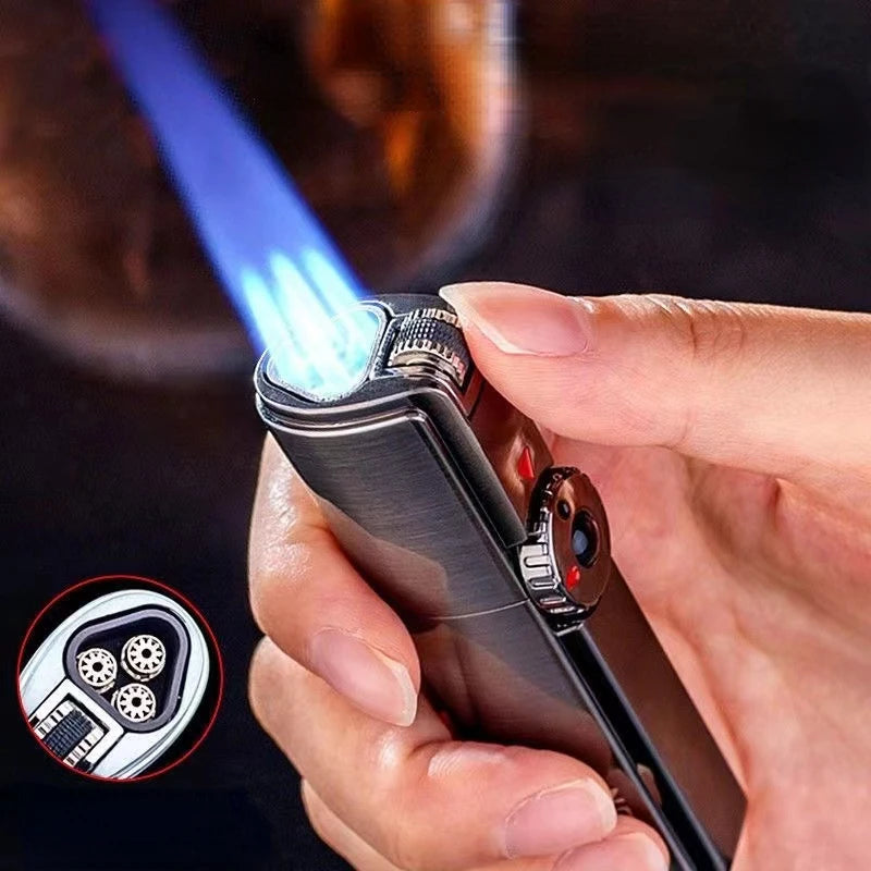 Jobon Gas Torch Lighter Powerful Three Straight Blue Flame Grinding Wheel Windproof Cigar Lighter Turbo Spray Gun Men's Gadgets