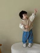 2026 Fall New Toddler Kids Pants Cotton Cartoon Embroidered Harem Pants Baby Boy Casual Striped Denim Baggy Trousers