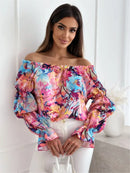 Floral Print Sexy One-shoulder Shirt Women Elegant Fashion Pleated Off Shoulder Blouse For Women 2024 Casual Loose Ruffles Tops