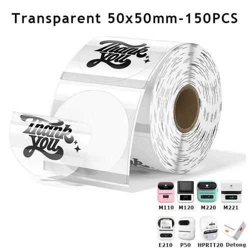 Transparente runde Etiketten 50x50mm/150 Stück, Thermoklebeetikettenrolle, passend für Phomemo M110/M200/M120/M220 E210 P50 DETONG P1