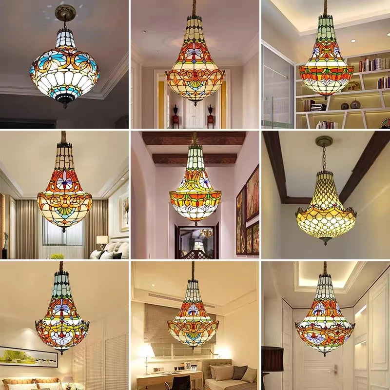 Tiffany Mediterranean Living Room Bedroom Dining Room Chandelier  Mediterranean Vintage Stained Glass  Staircase Pendant Lamp