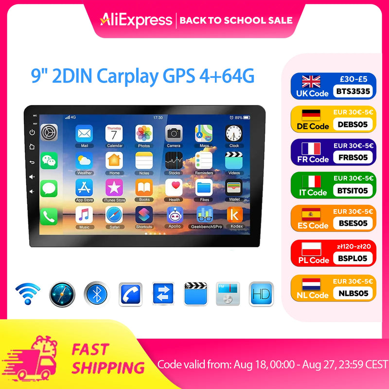 ESSGOO 9Inch 2 DIN Car Stereo Radio Wirless Carplay Android Auto Car Stereo Bluetooth 64G GPS Navigation RDS WiFi USB FM DAB+CAM