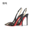 Black lace high-heeled sandals for the summer of 2025, new pointed, thin heel,shallow mouth,comfortable professional single shoe
