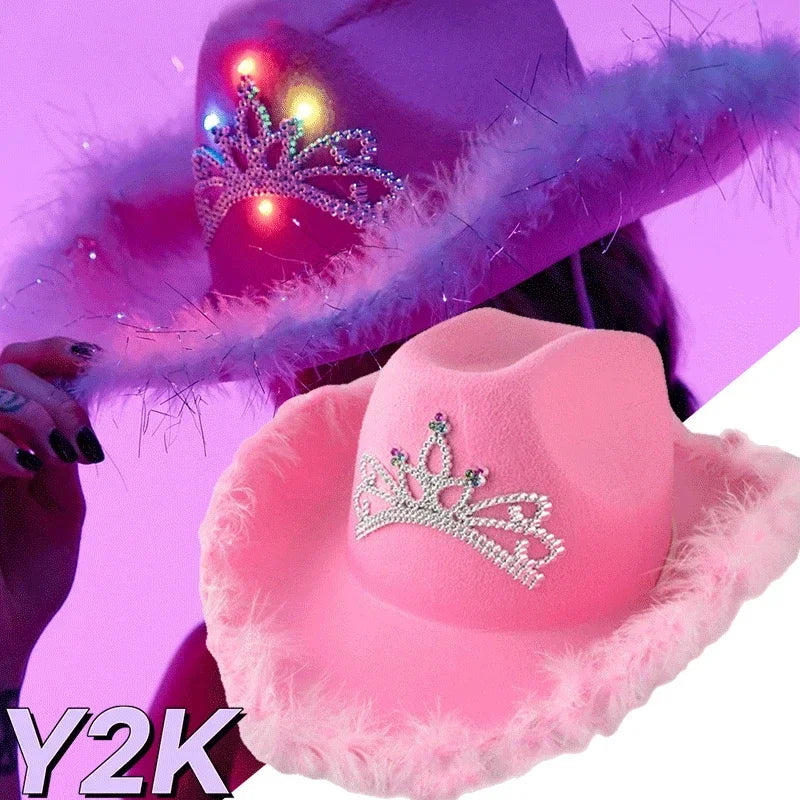 Women's Pink West Cowgirl Hat Girls Tiara Feather Felt Western Sequin Cowboy Cap Costume Party Dress Jazz Caps Cosplay Props