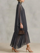 Elegant Women Sheer Chiffon Maxi Dress Turtleneck Batwing Sleeve Loose Flowy Ruffle Long Dress Casual Holiday Party Dresses