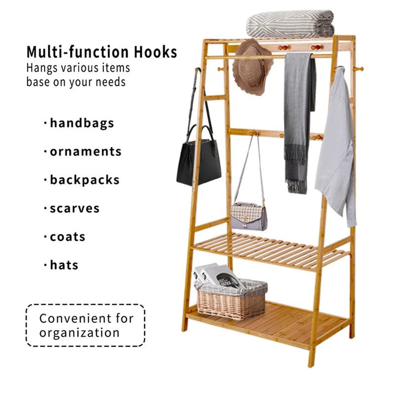 Bamboo Clothes Rail Rack Garment Stand with Top Shelf Shoe Storage Ladder Rails Hanging Display