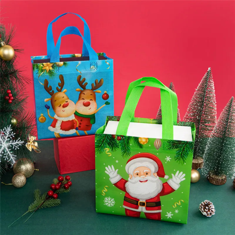 StoBag 4pcs/1Lot New Christmas Non-woven Fabric Tote Bags Candy Gift Packaging Santa Claus Kids Holiday Happy Year Party Favors
