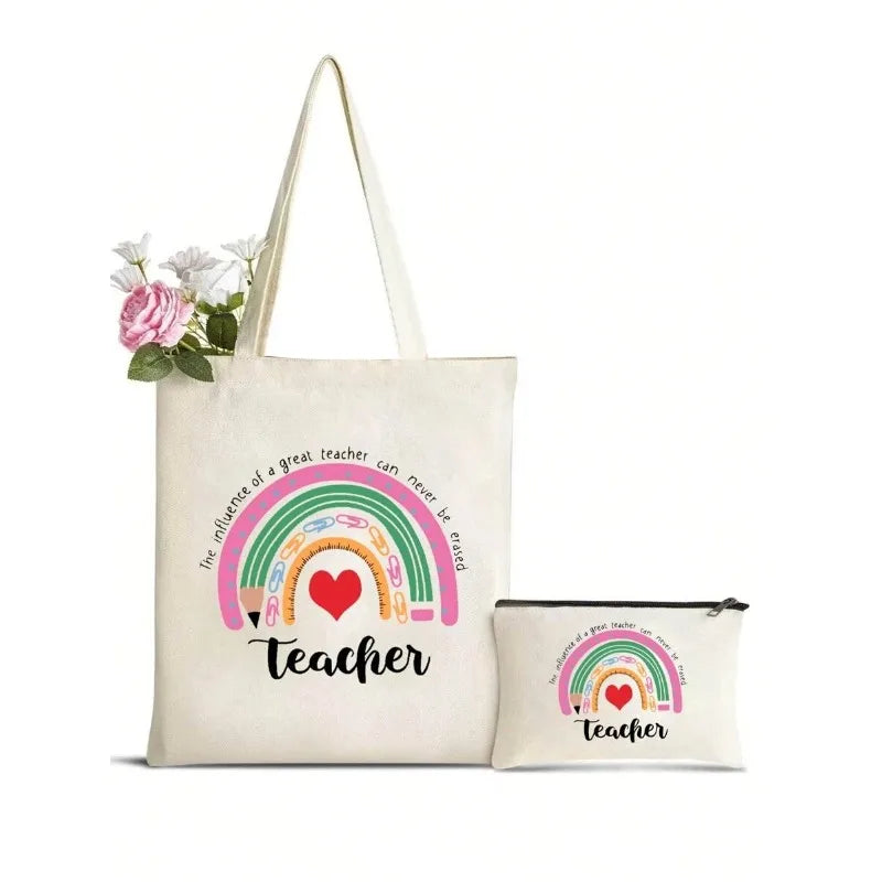 Teacher Letter Print Tote Bag with Makeup Bag Set of Two Wedding Favor Bag for Women Bridesmaids Giving Girlfriend Gift