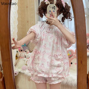 Kawaii Lolita Stil Hasen-Print Pyjama-Set Girly Süß Kurzarm Tops Shorts Anzug Damen Casual Prinzessinnen-Homewear Pijama Mujer