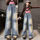 Girls Jeans Spring Autumn Cartoon Wide Leg Jeans for Teenage Kids Heavy Embroidery Star Loose Straight Leg Trousers for Children