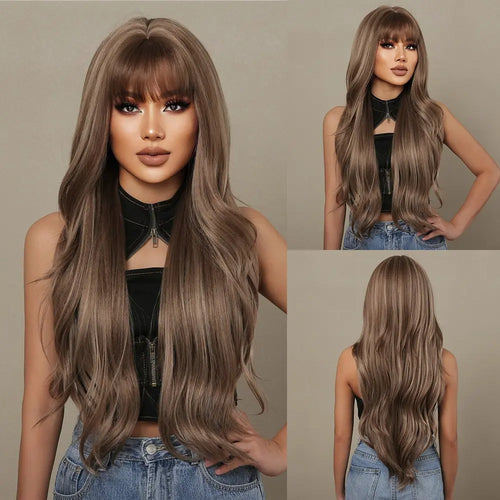 HAIRCUBE Braun Gemischte Blonde Synthetische Perücken mit Pony Lange Natürliche Gewellte Haarperücke für Frauen Täglicher Cosplay-Gebrauch Hitzebeständig