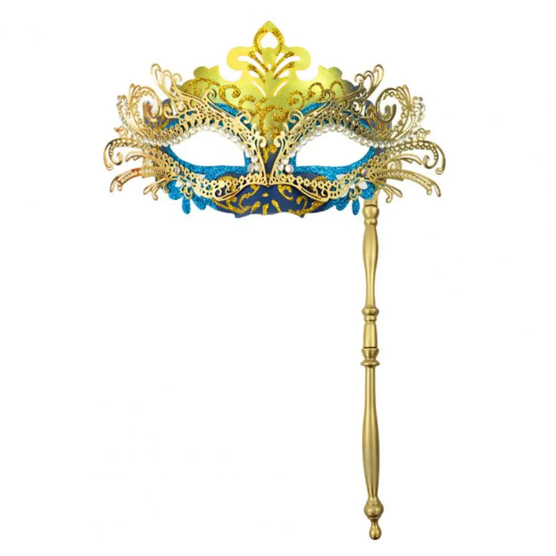 Metal Fancy Elegant Party Masque with Handheld Stick Half Face Venetian Masque with Rhinestones for Women Men Prom Masquerade