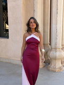 Fashion Women Color Blocking Scarf Collar Sling Dress Sexy Split Waist Cinching Bodycon Maxi Gowns 2026 Lady Club Party Vestidos