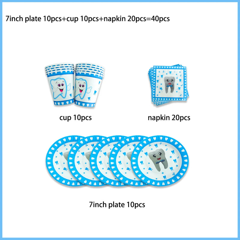 My First Tooth Blue Theme Party Disposable Tableware Stes Boy Girl First Tooth Birthday Party Decor Cups Plates  Napkins Banners