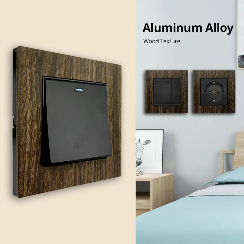 Wallpad Wood Texture Aluminum Alloy Panel EU Sockets And Switches LED Dimmer 1/2/3/4 Gang 1/2 Way 2 USB Fast Charge Port 220V