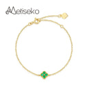 Metiseko S925 Sterling Silver Plated 14K Gold Emerald Colour 4-leaf Clover Bracelet Women's Simple Geometric Bracelet for Party
