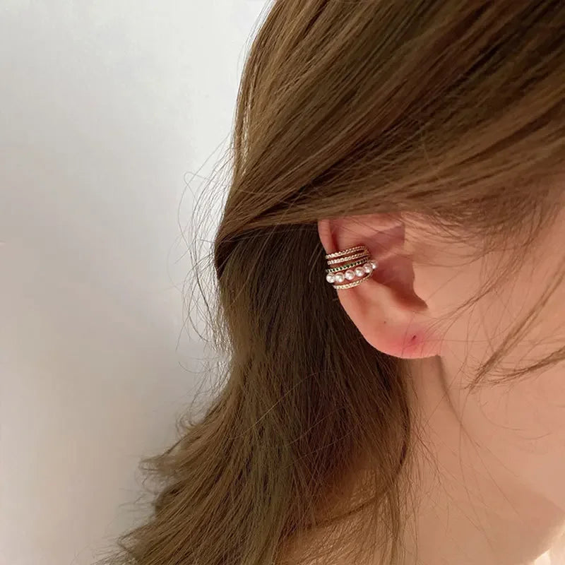 Korean Hot Sale Multilayer Geometric No Piercing Ear Bone Clip Earrings for Women Girls Leaves Zirconia Earcuff Ear Wrap Jewelry