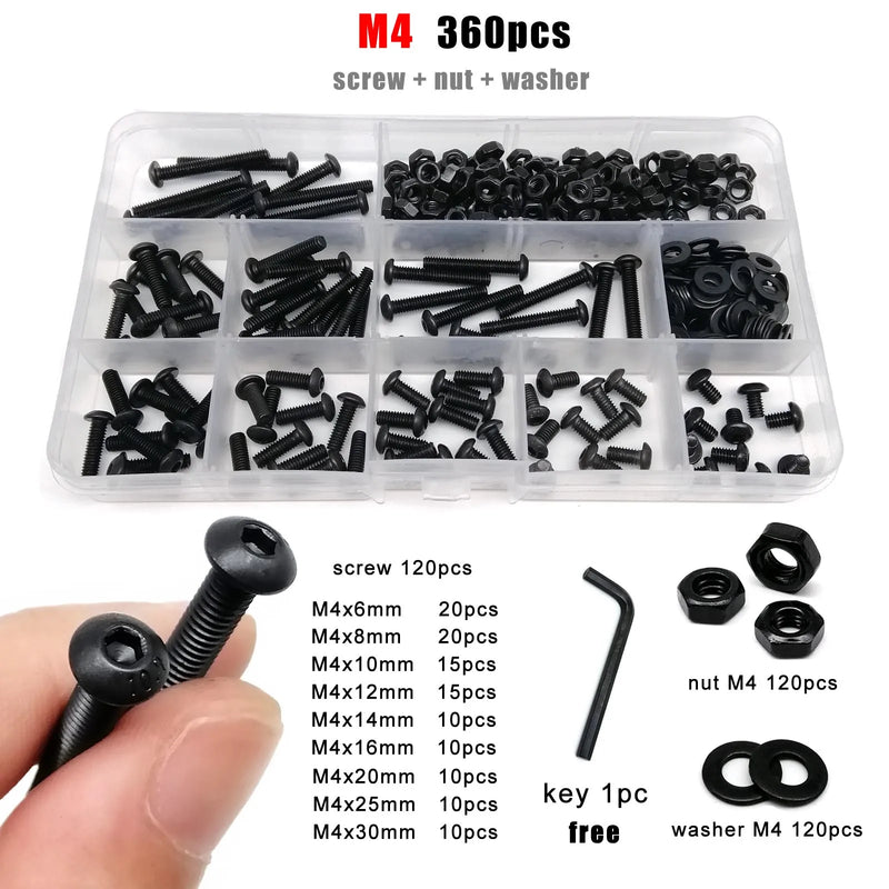 M1.6 M2 M2.5 M3 M4 M5 M6 M8 Black Grade 10.9 Steel Allen Hexagon Hex Socket Button Round Head Screw Bolt Nut Washer Kit Set Box