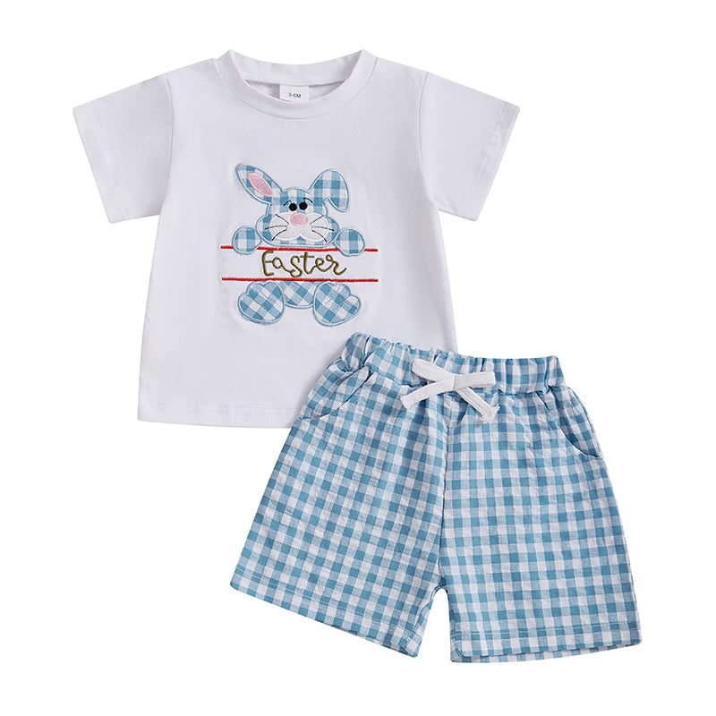 Toddler Boy Easter Outfit Adorable Bunny Print Shirt with Checkered Shorts Set for Spring Celebration