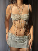 Sexy y2k clothes metal rhinestone corset crop top women summer nightclub party tops for woman see through beach halter tank top