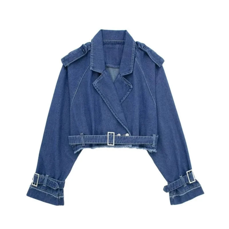 2024 Spring Lapel Notched Collar Washing Blue Denim Jacket Vintage Women Hem Buckle Belt Draped Jean Coat Cool Outerwear 3 Color
