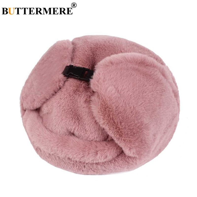 BUTTERMERE Fur Caps Women Bomber Hats Pink Winter Hat Russian Female Thicker Warm Solid Soft Windproof Ear Flap Ushanka Hat 2022