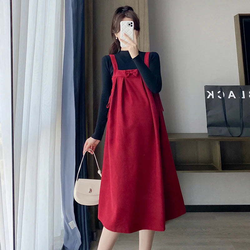 2025 New Year Maternity Dress Red Strap Dress with Bow Plus Size Pregnant Woman Party Dress Sleeveless Pregnancy A-line Dresses