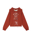 ELFSACK 2025 Autumn New Arrivals Retro Casual Large Area Print Long Drawstring Hooded Hoodie For Woman
