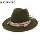 BUTTERMERE Womens Fedora Hat Wool Khaki Jazz Hats Female National Casual Large Brim Vintage Autumn Classic Felt Hat And Cap 2022