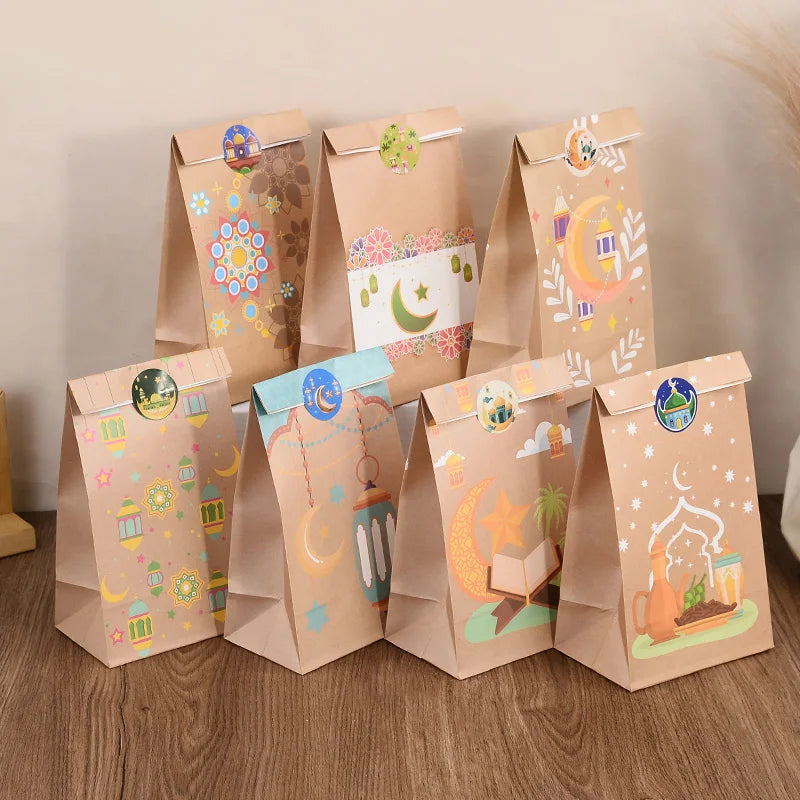 12pcs Ramadan Kraft Paper Gift Bag with Stickers Eid Mubarak Candy Cookie Packaging Bag 2025 Islamic Muslim Party Decor Supplies