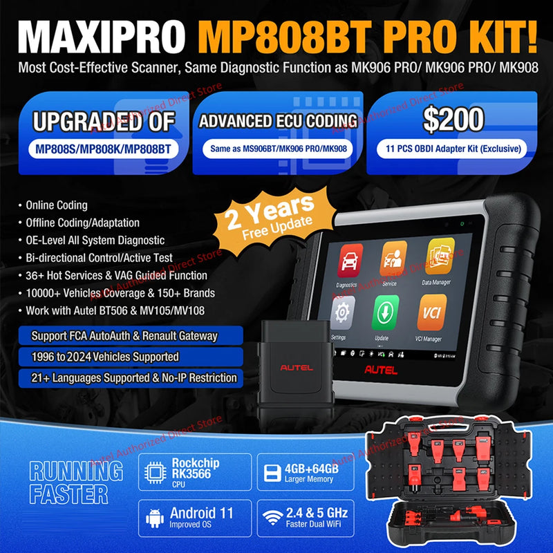 Autel MaxiPRO MP808BT PRO Kit Diagnostic Scanner Automotive Online ECU Coding Tool, Active Test, 38+ Services, 2-Yea Free Update