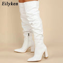 Eilyken Winter Women Over-the-Knee Boots Punk Style Square High Heel Zipper Shoes Pleated Pointed Toe Ladies Long Booties