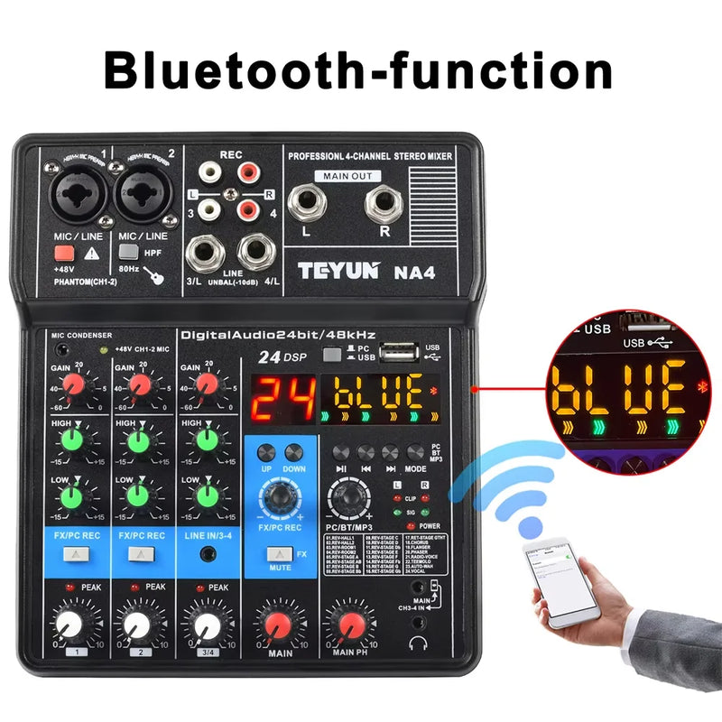 TEYUN 4-Channel Professional Sound Mixer Console Mini Audio Mixer Sound Card Computer Input 48v Power USB Computer Record NA4