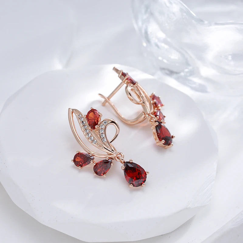 SYOUJYO Red Flower Natural Zircon Long Dangle Earrings For Women 585 Rose Gold Color Vintage Fine Jewelry Luxury Wedding Earring