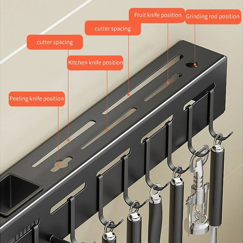 Stainless Steel Kitchen Storage Rack Wall-mounted Multifunctional Storage Knife Rack with Multiple Brackets and Hooks