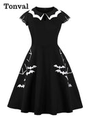 Tonval Bat Embroidery Halloween Costumes Party Vintage Dresses for Women Cap Sleeve Keyhole Front Retro A Line Dress