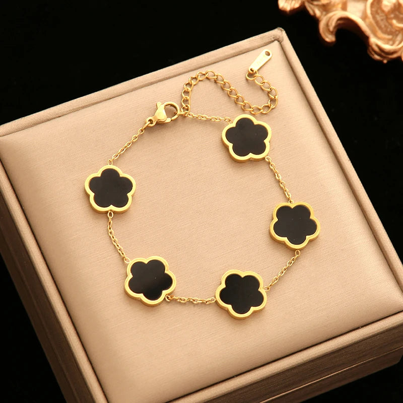 GANEMLY 316L Stainless Steel Golden Plum Blossom Plant Five Leaf Flower Set Necklace Earrings Bracelet Women Clover Jewelry Gift