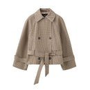 Chic Grid Belt Women's Coat Double Breasted Lapel Lace-Up Long Sleeve Lady Coats 2026 Autumn Fashion Female Vintage Jacket Lady