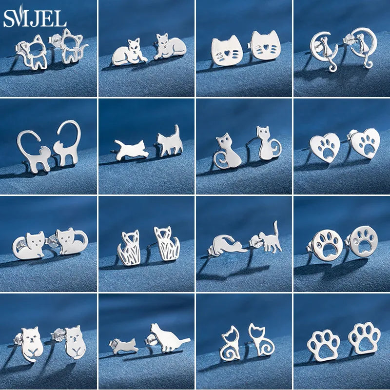 Real 925 Sterling Silver Dog Paw Earrings for Women Lovely Cat on Moon Earring Fashion Kitten Piercing Jewelry Animal Studs Gift