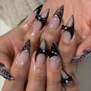 Black Cool Fake Nails Halloween Bat Press on Nails Almond Decorated Nail Tips Rivet Bow False Nails 24pcs Reusable Acrylic Nails