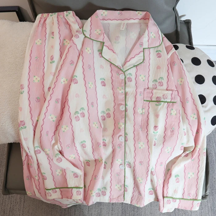 Flower Print Women Autumn Two Piece Pajama Set Long Sleeve V Neck Top & Elastic Waist Pants 2 Pieces Female Sleepwear Nightwear