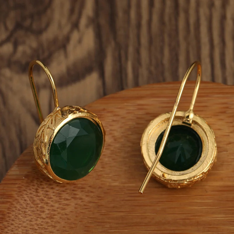 Trendy Gold Color Green Stone Unique Earrings Gifts for Women Women's Everyday Simple Framed Stone Drop Earrings