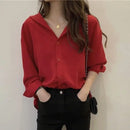 JOEVILU Red Chiffon Shirt Women French Elegant Long Sleeve Blouses Spring and Autumn Korean Fashion Tops Casual Sunscreen Jacket