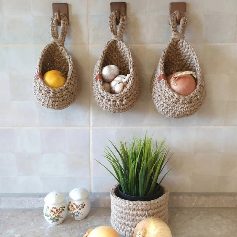 Hand-woven Basket Vegetable Fruit Basket Net Pocket Kitchen Hanging Net Pocket Rattan Storage Baskets Plant Flower Container