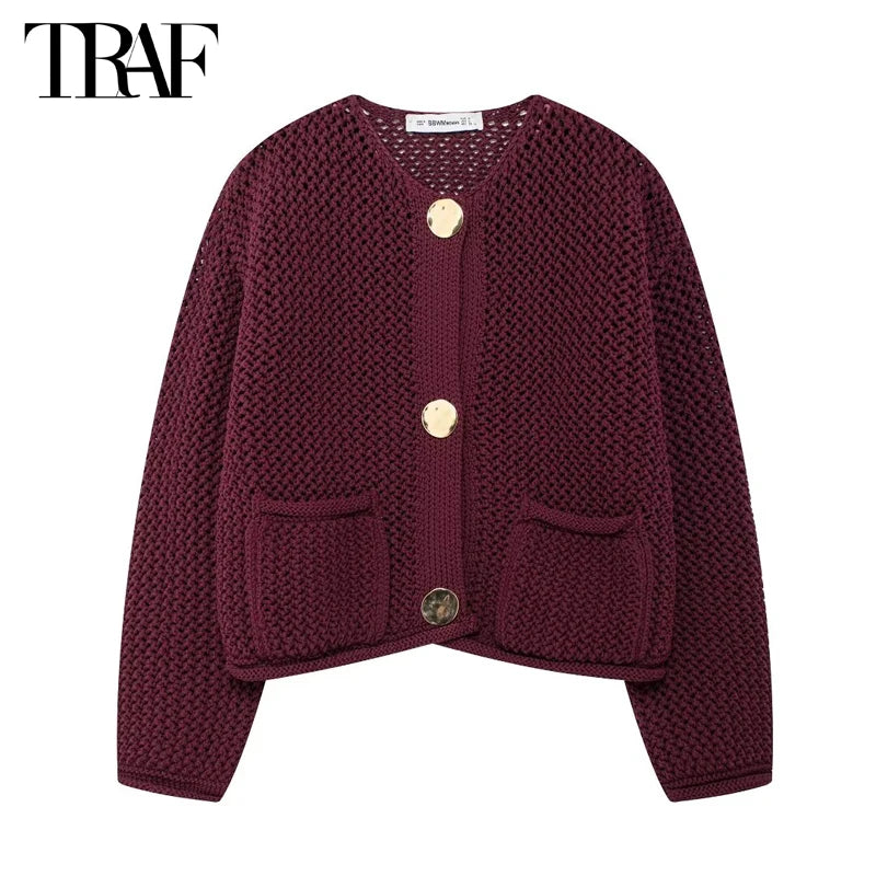 TRAF 2024 Cropped Cardigan for Women Knitted Short Sweaters for Women Long Sleeve Knit Cardigans Woman Autumn Button Knitwears