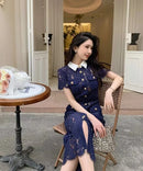 The Nocturne | Navy Lace Patchwork Retro Midi Dress